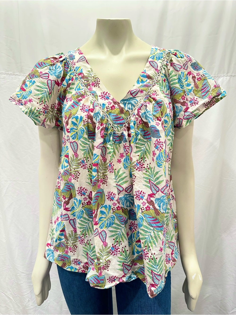 Haute Hippie Tropical V-Neck Ruffle Sleeve Top Sz M
